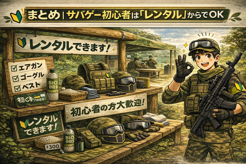 まとめ|サバゲー初心者は「レンタル」からでOKイラスト