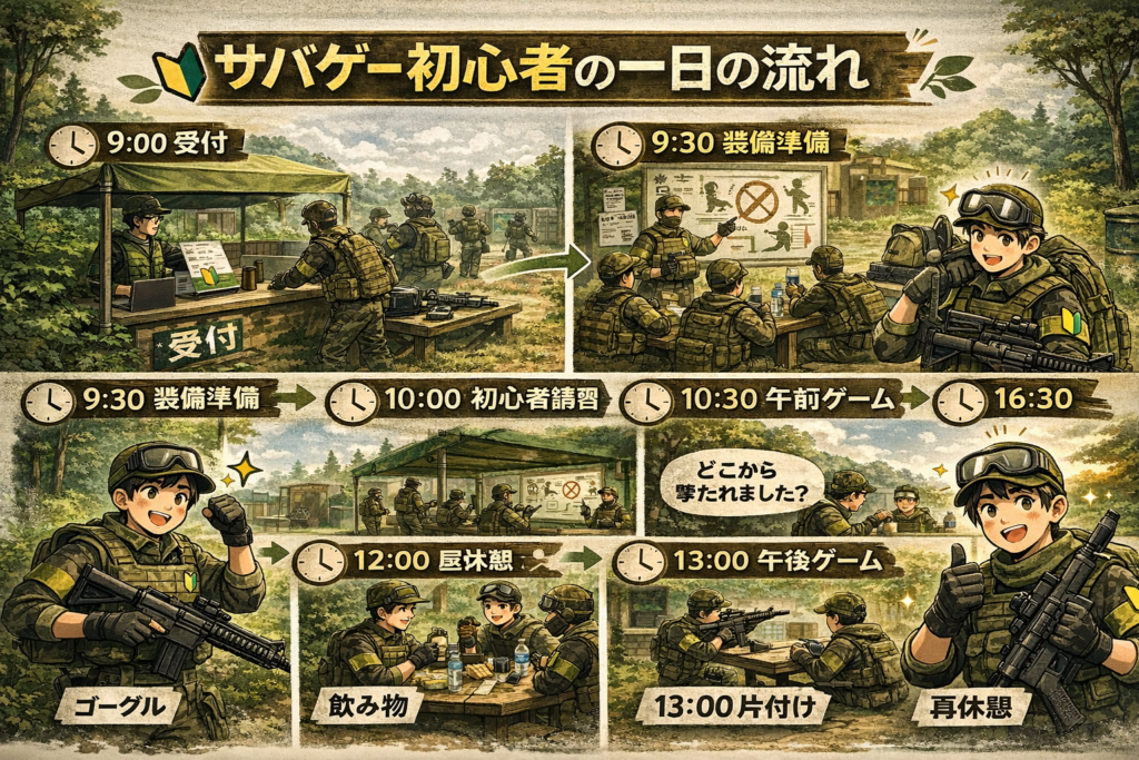 サバゲー初心者の一日の流れイラスト