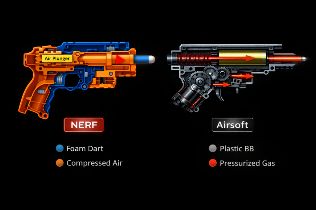 ナーフの構造とエアガンとの違いイラスト
